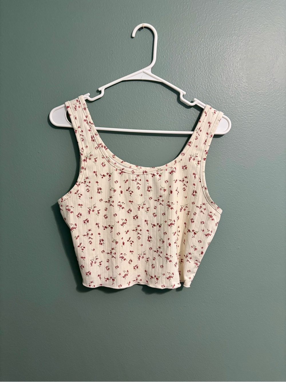 SHEIN Cream Ribbed Crop Tank with Red Floral Print